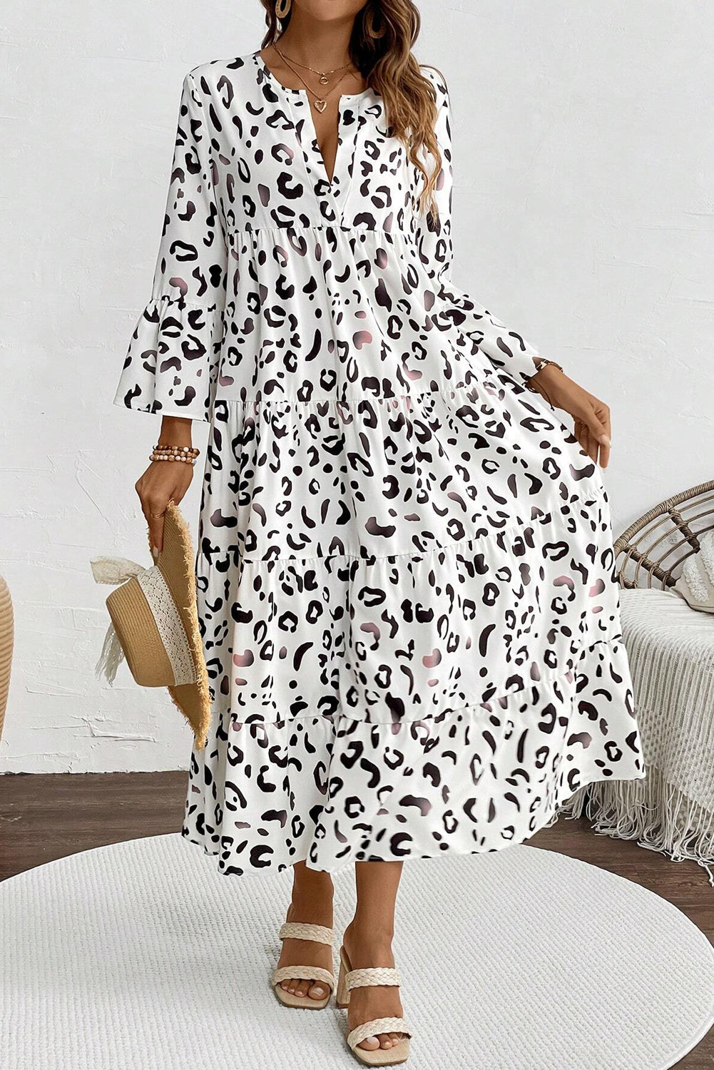 Ximena Maxi Dress | White Leopard Print Loose Fit Dress