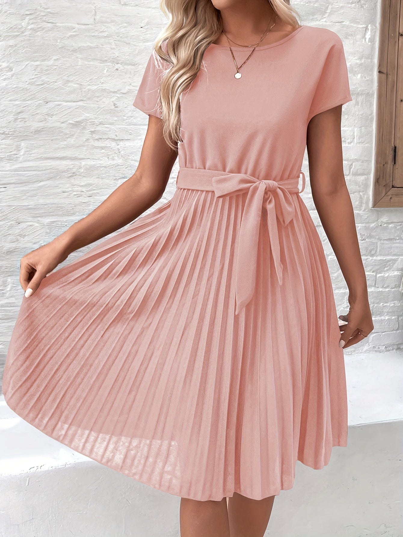 Ulania Dress | Elegant Pleated Round-Neck Midi Dress