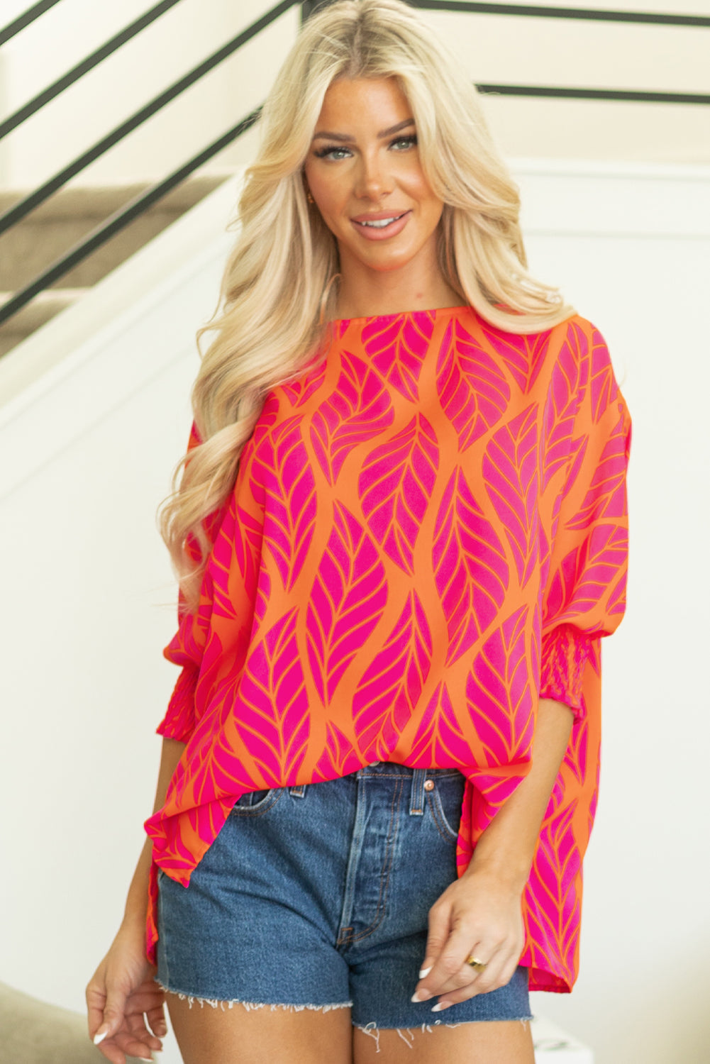 Xaria Blouse | Rose Tropical Leaf Smocked Puff Sleeve Top