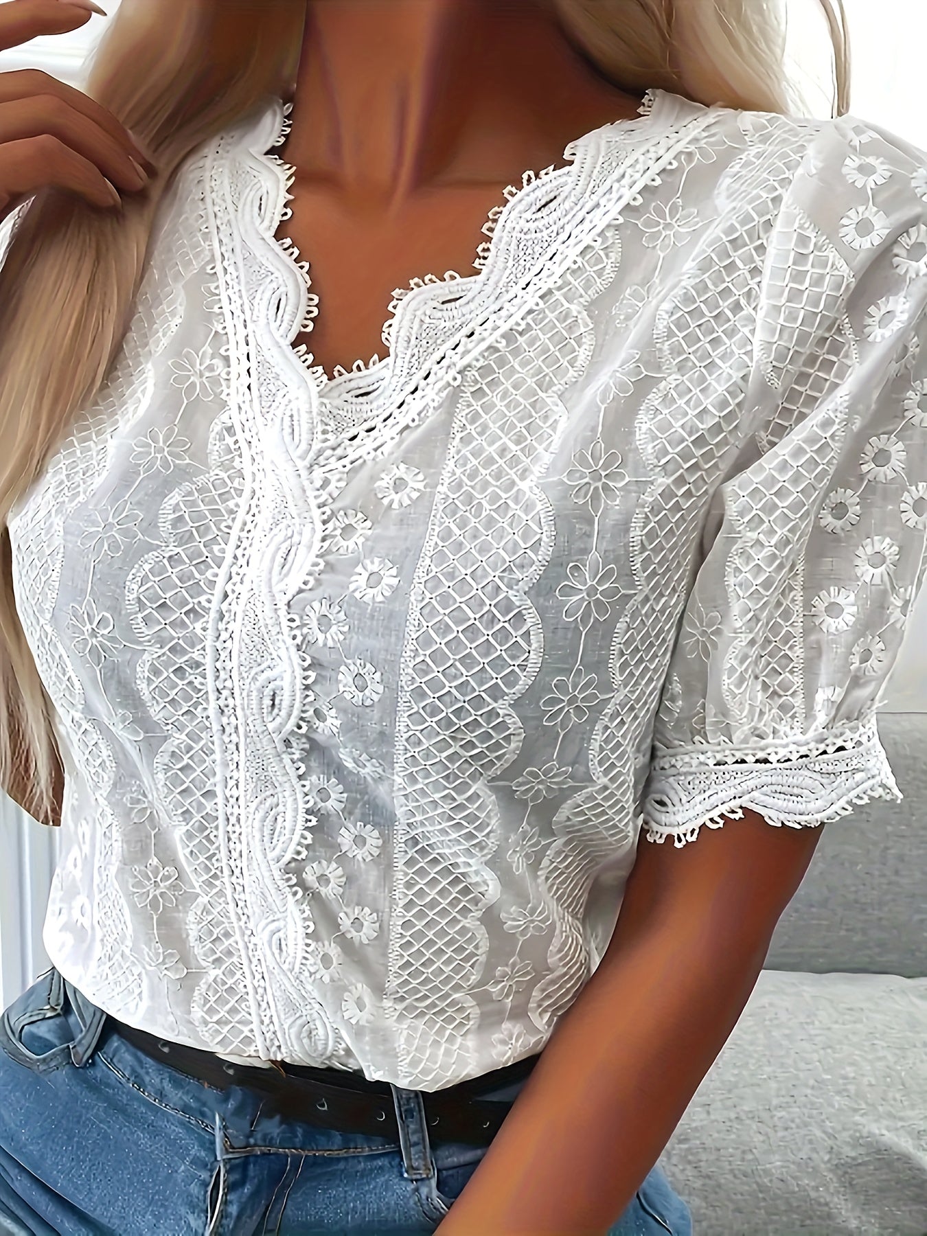 Brelaya Lace Blouse | White Embroidered V-Neck Short-Sleeve Summer Blouse