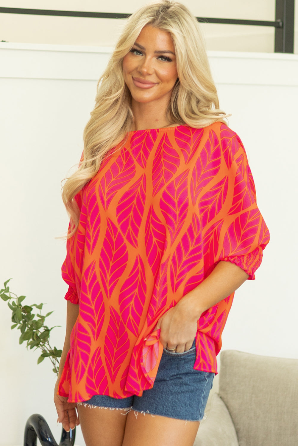 Xaria Blouse | Rose Tropical Leaf Smocked Puff Sleeve Top
