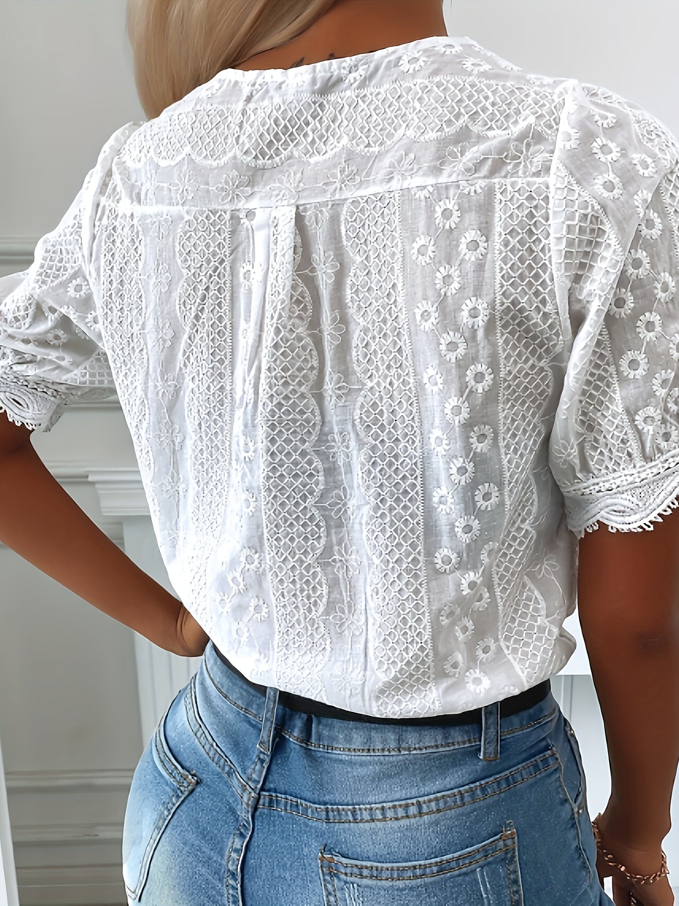 Brelaya Lace Blouse | White Embroidered V-Neck Short-Sleeve Summer Blouse