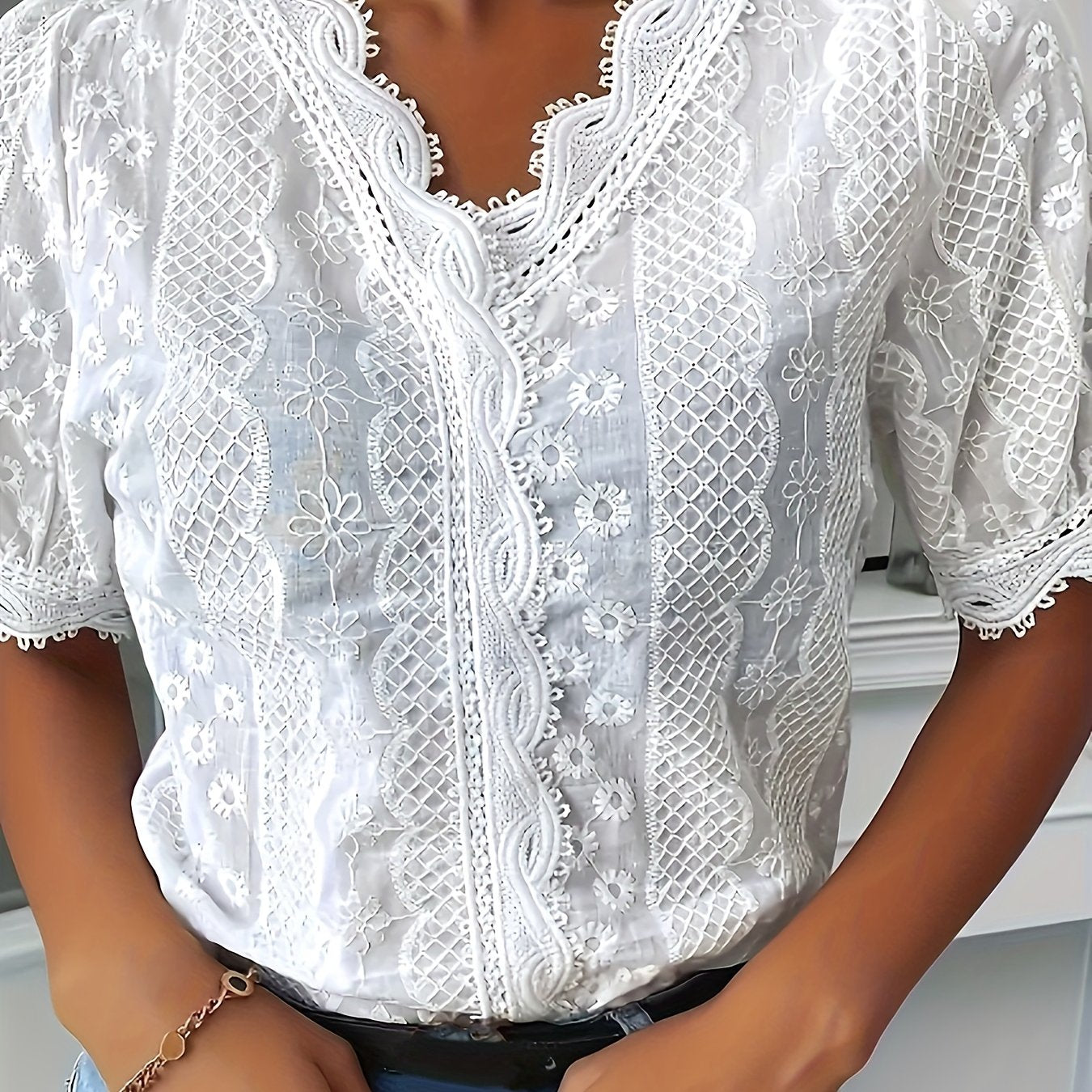 Brelaya Lace Blouse | White Embroidered V-Neck Short-Sleeve Summer Blouse
