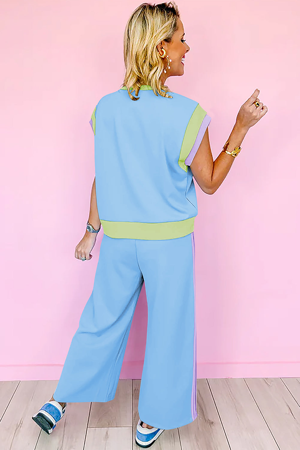 Xylara Two Piece Set | Sky Blue Color Block Casual Lounge Co-ord