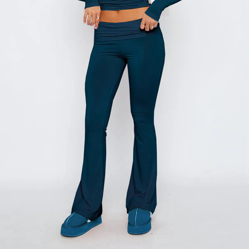 Curayna Two-Piece Set | Ribbed Short and Long Sleeve Crop Top and Flared Pants Outfit