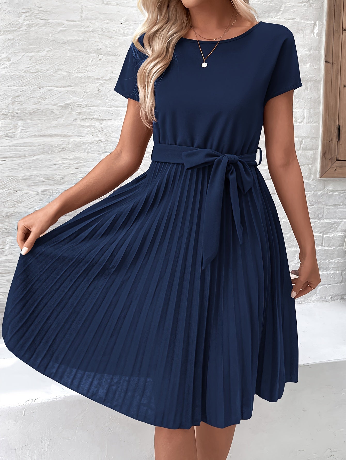 Ulania Dress | Elegant Pleated Round-Neck Midi Dress