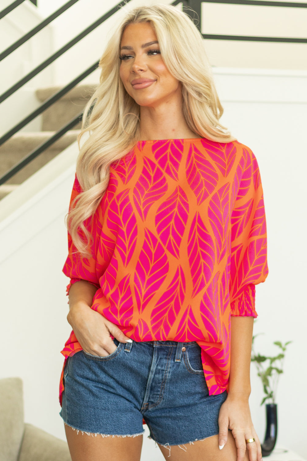 Xaria Blouse | Rose Tropical Leaf Smocked Puff Sleeve Top