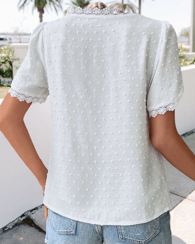 Blythe Lace Blouse | Women’s Elegant Lace V-Neck Blouse with Short Sleeves