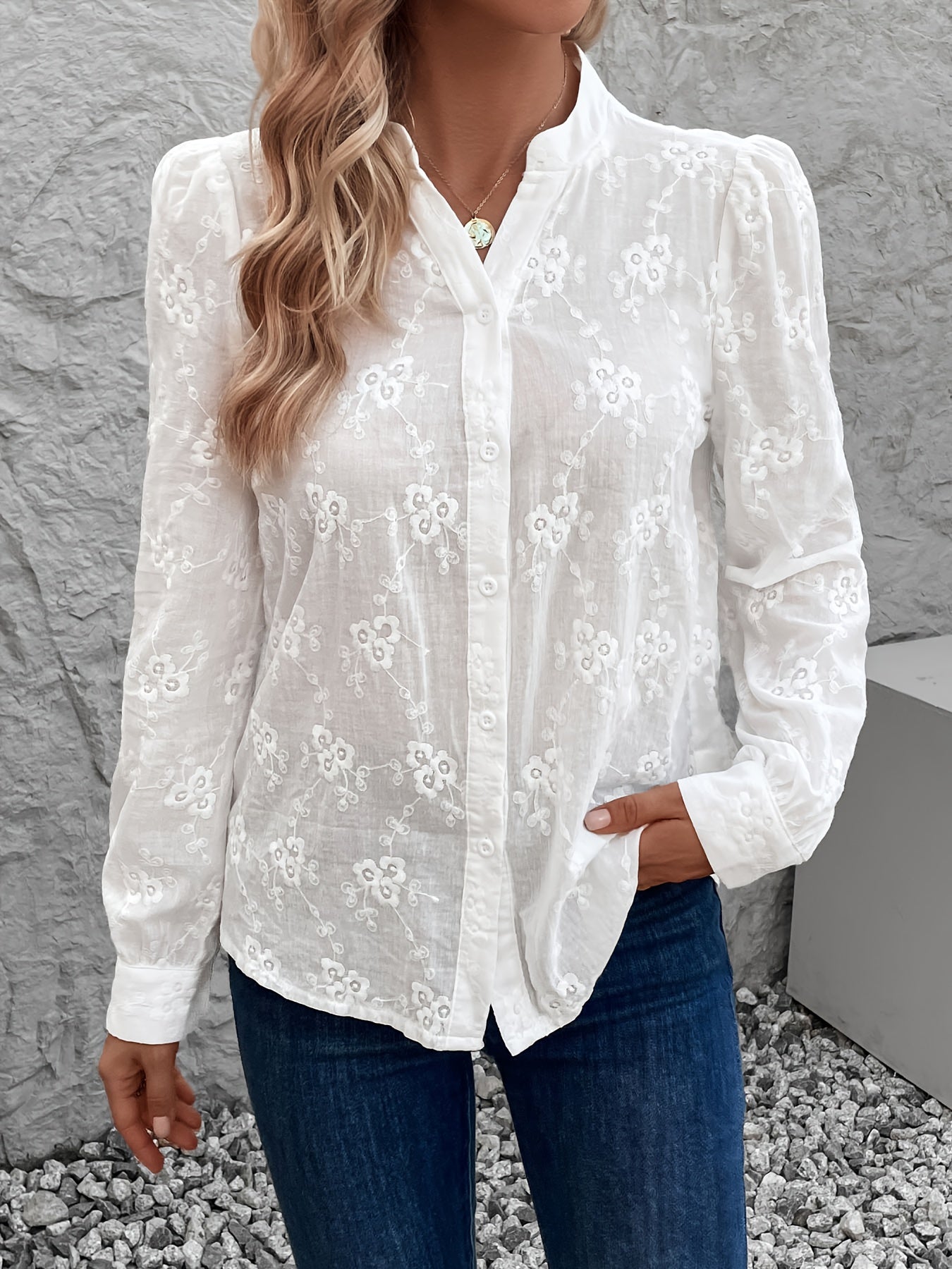 Barlina Lace Blouse | Embroidered Long-Sleeve Feminine Blouse for Spring & Summer