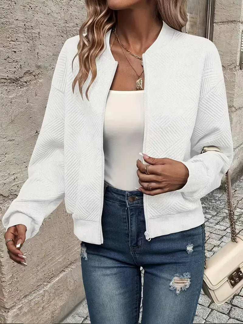 Qamar Cardigan | Women's Autumn Zip-Up Textured Cardigan with Ribbed Hem