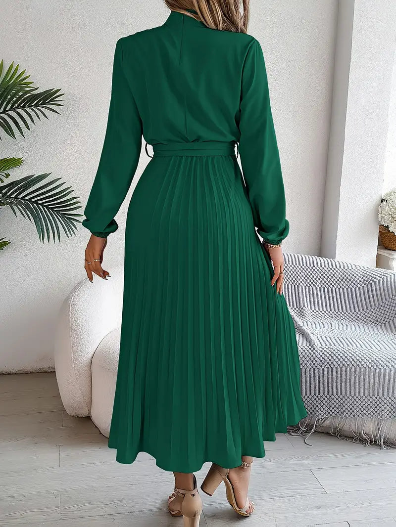 Bethan Midi Dress | Women’s Elegant Midi Dress with Stand Collar and Pleated Waist Belt