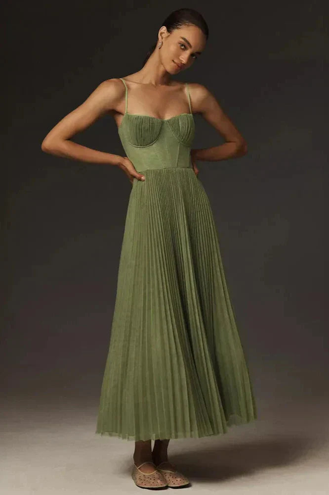 Brevina Midi Dress | Elegant Pleated A-Line Midi Dress for Women