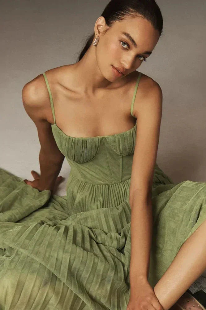 Brevina Midi Dress | Elegant Pleated A-Line Midi Dress for Women