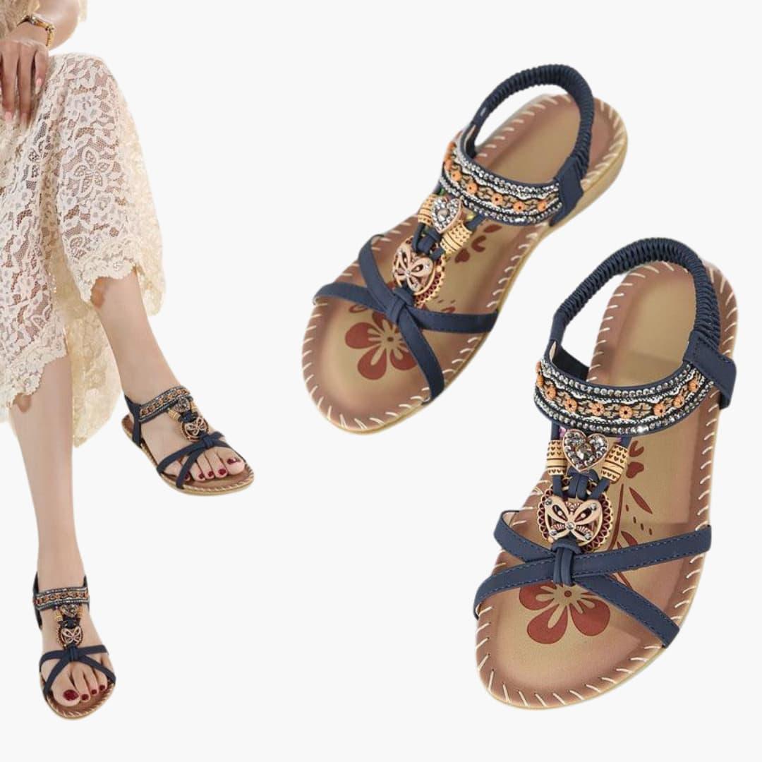 Amber Flat Sandals | Women’s Beaded Boho Sandals with Elastic Strap and Flexible Sole