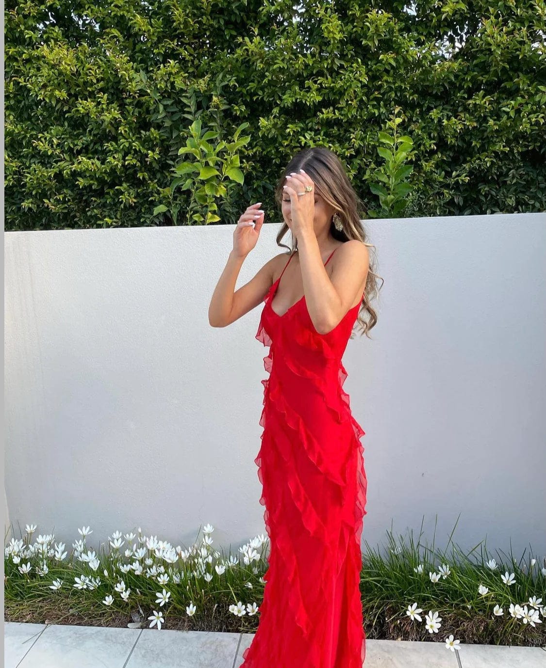 Ceylani Maxi Dress | Red Ruffle Textured Spaghetti Strap Maxi Dress