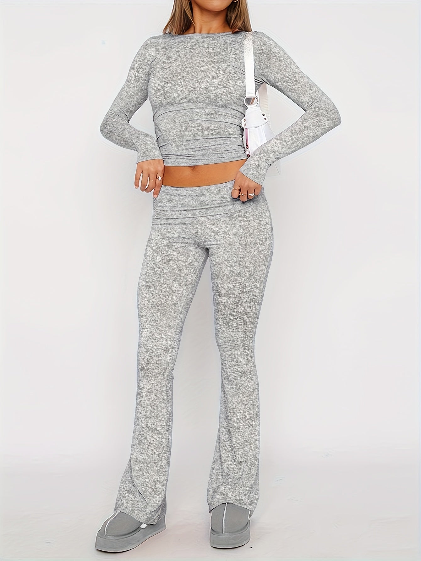 Curayna Two-Piece Set | Ribbed Short and Long Sleeve Crop Top and Flared Pants Outfit