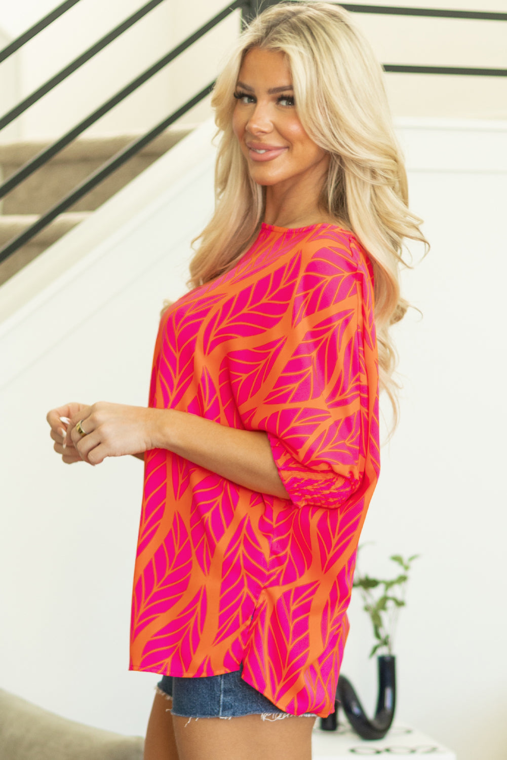 Xaria Blouse | Rose Tropical Leaf Smocked Puff Sleeve Top