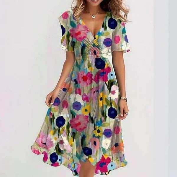 Fionelle Dress | Vibrant V-Neck Midi Dress with Flowy Fit and Short Flutter Sleeves