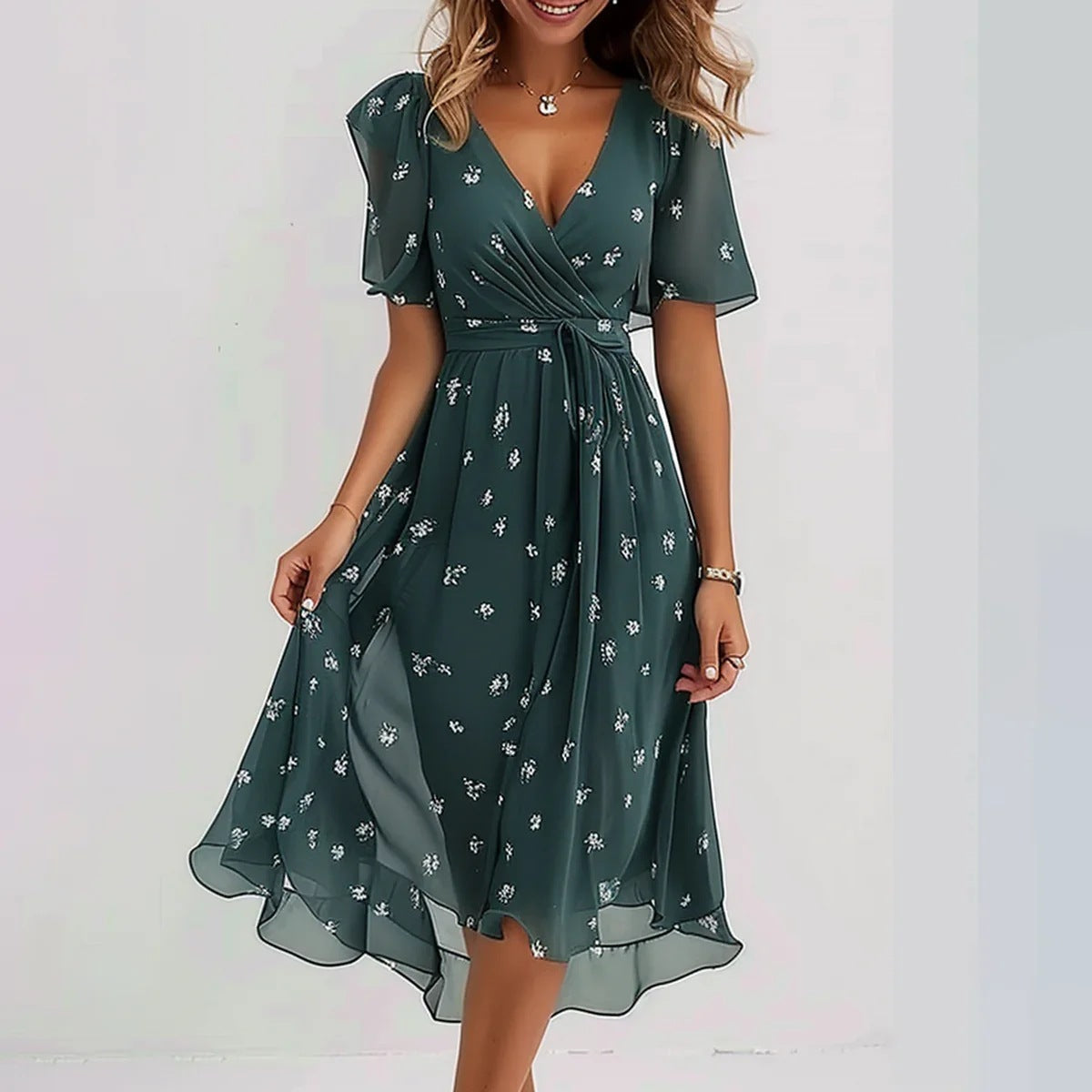 Fionelle Dress | Vibrant V-Neck Midi Dress with Flowy Fit and Short Flutter Sleeves