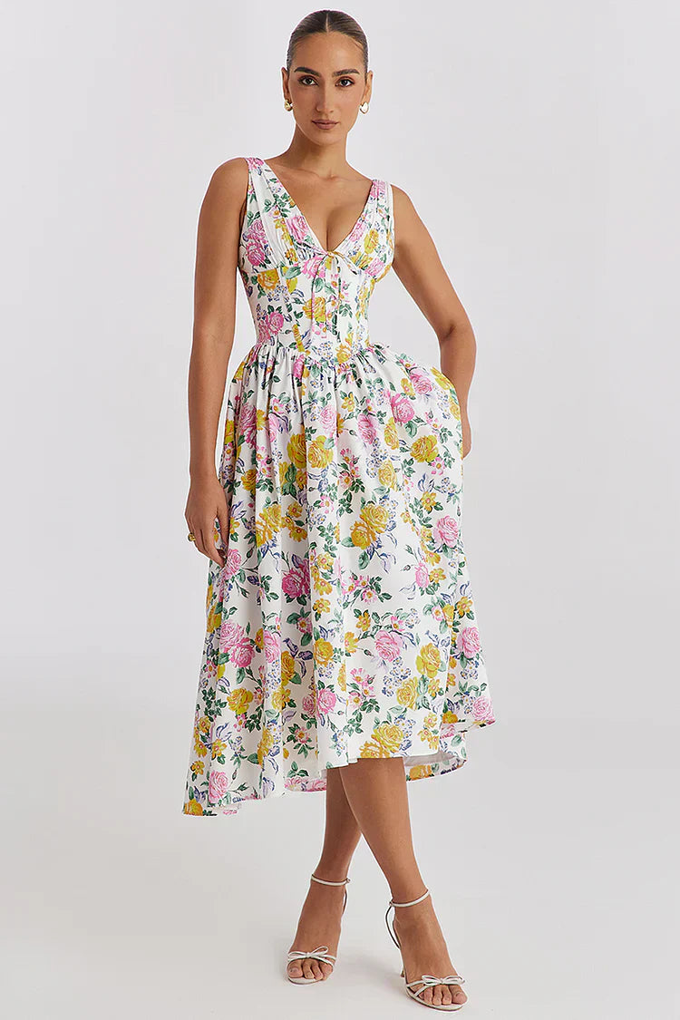 Cindora Midi Dress | Sleeveless Floral V-Neck Summer Dress with Pockets