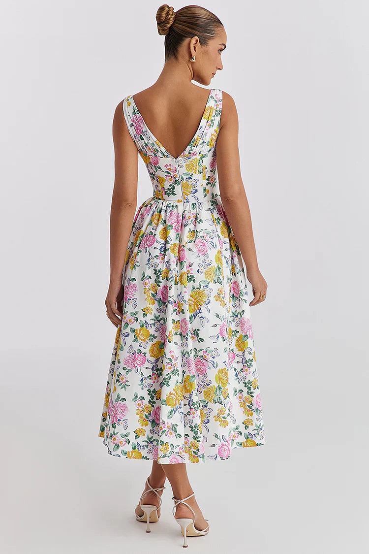 Cindora Midi Dress | Sleeveless Floral V-Neck Summer Dress with Pockets