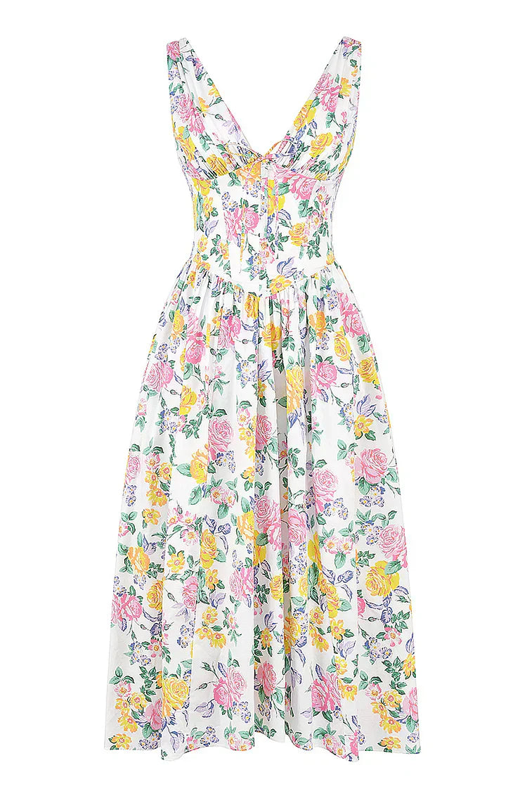 Cindora Midi Dress | Sleeveless Floral V-Neck Summer Dress with Pockets