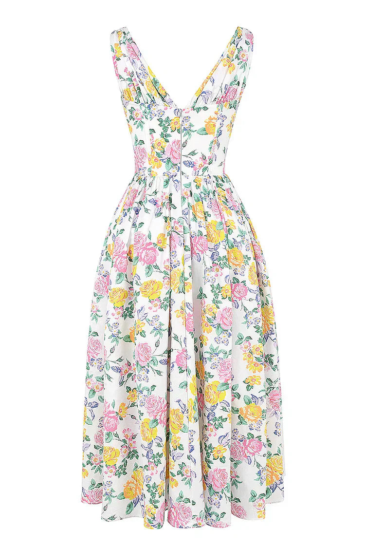 Cindora Midi Dress | Sleeveless Floral V-Neck Summer Dress with Pockets