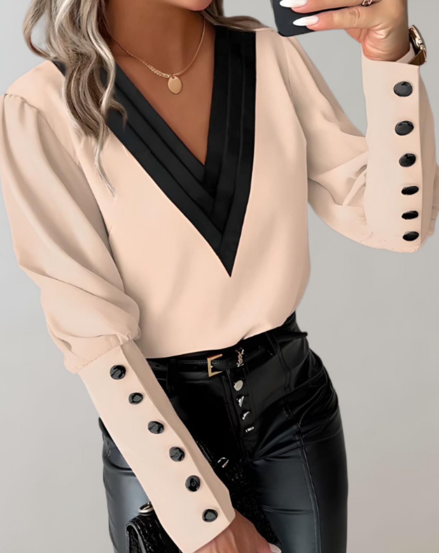 Ulinda Top | Two-Tone V-Neck Long-Sleeve Top