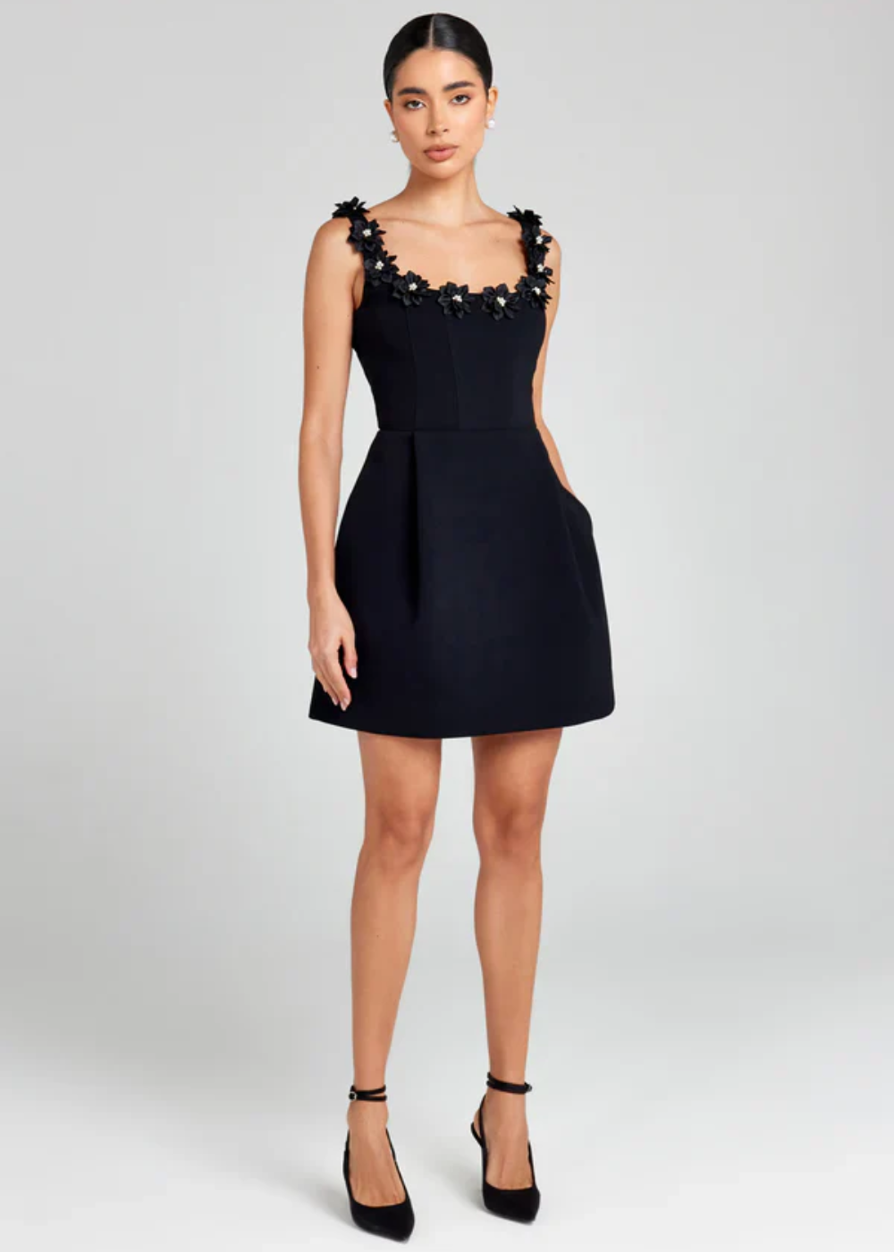 Cazira Mini Dress | Black A-Line Dress with Floral Appliqué Straps