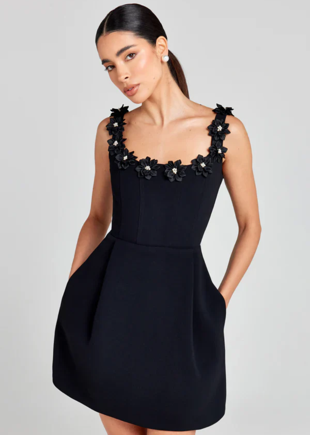 Cazira Mini Dress | Black A-Line Dress with Floral Appliqué Straps