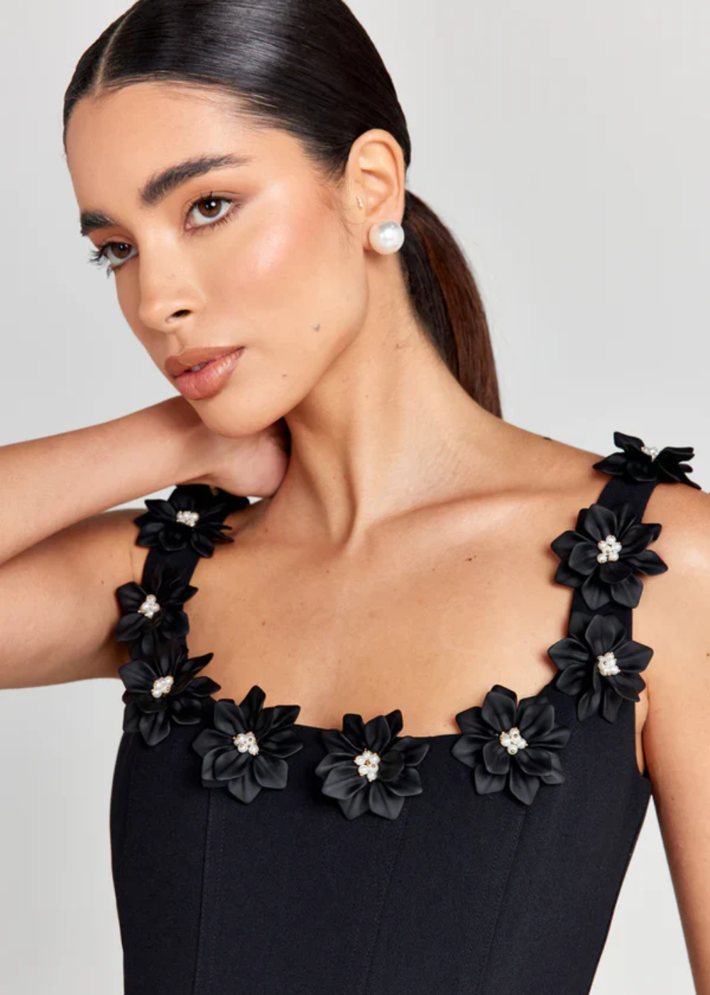 Cazira Mini Dress | Black A-Line Dress with Floral Appliqué Straps