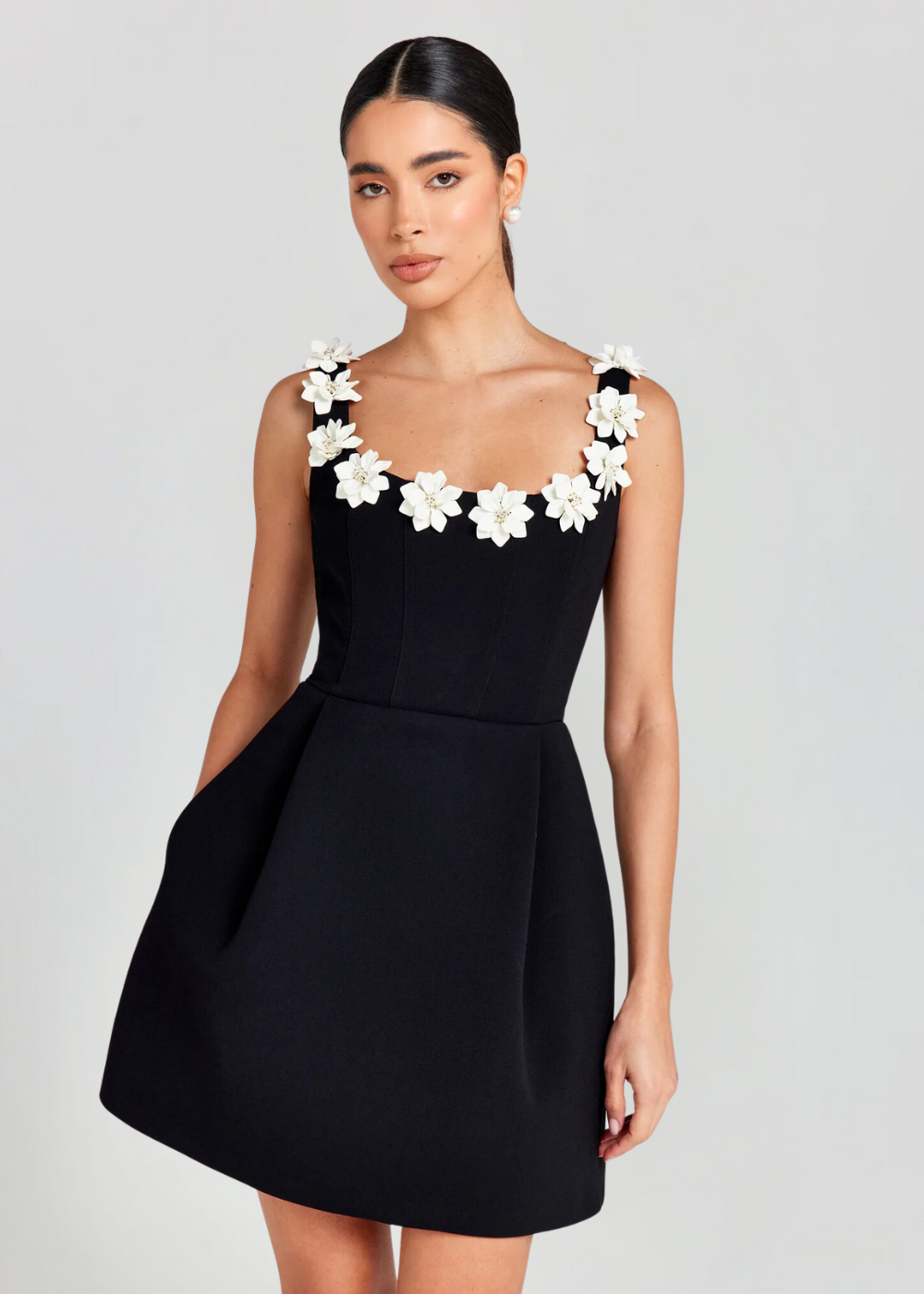 Cazira Mini Dress | Black A-Line Dress with Floral Appliqué Straps