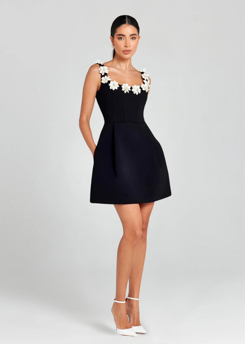 Cazira Mini Dress | Black A-Line Dress with Floral Appliqué Straps