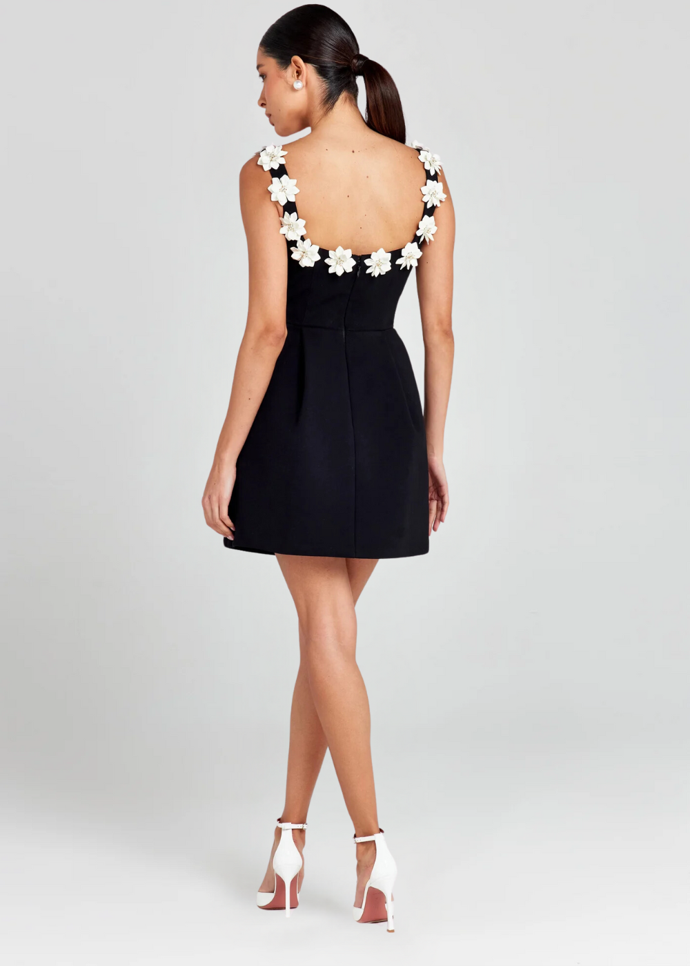 Cazira Mini Dress | Black A-Line Dress with Floral Appliqué Straps