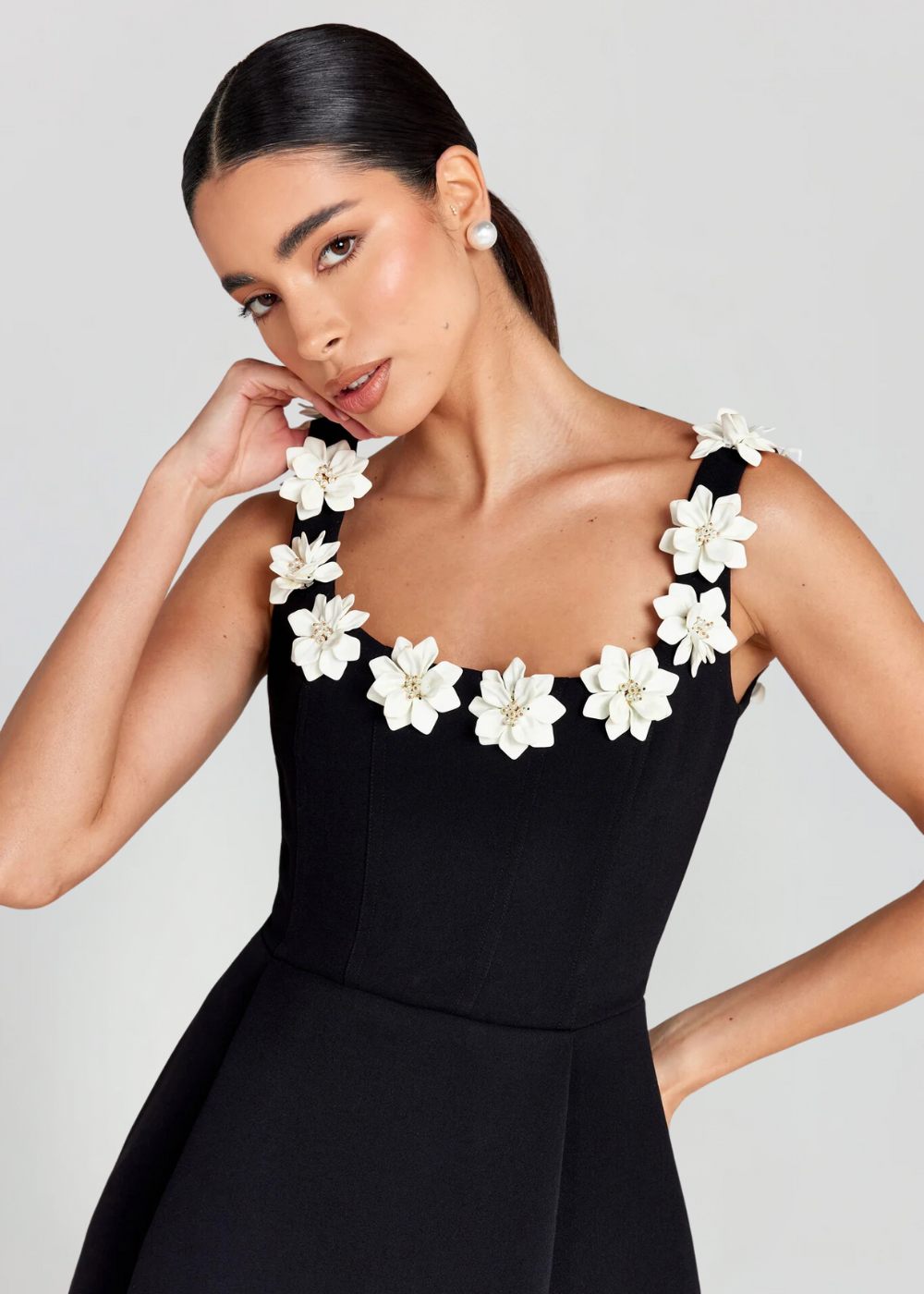 Cazira Mini Dress | Black A-Line Dress with Floral Appliqué Straps