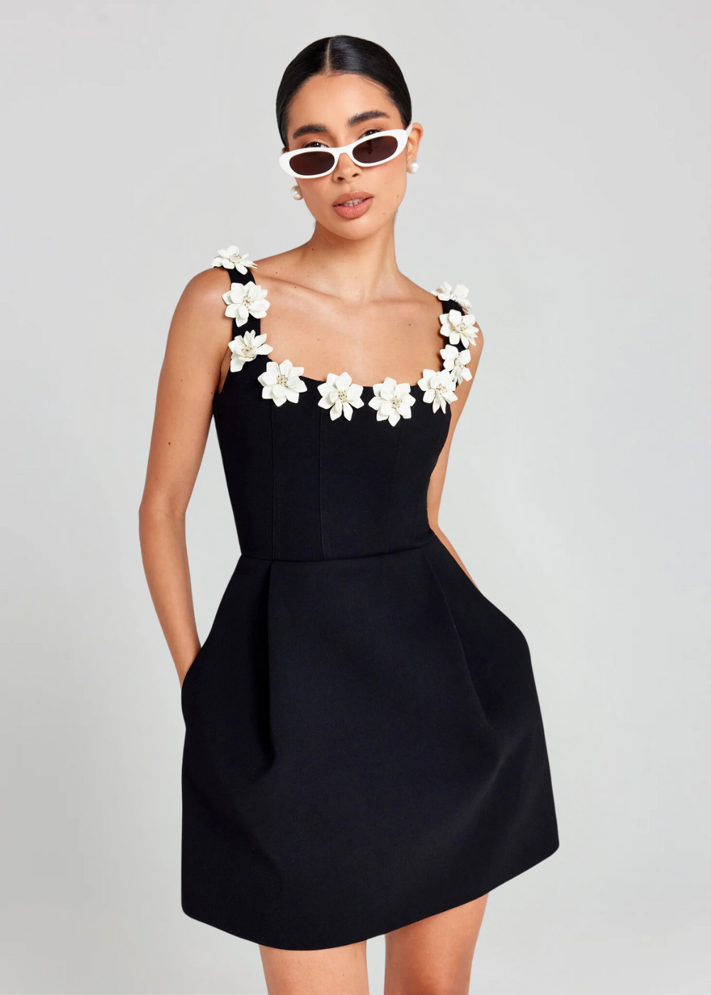 Cazira Mini Dress | Black A-Line Dress with Floral Appliqué Straps
