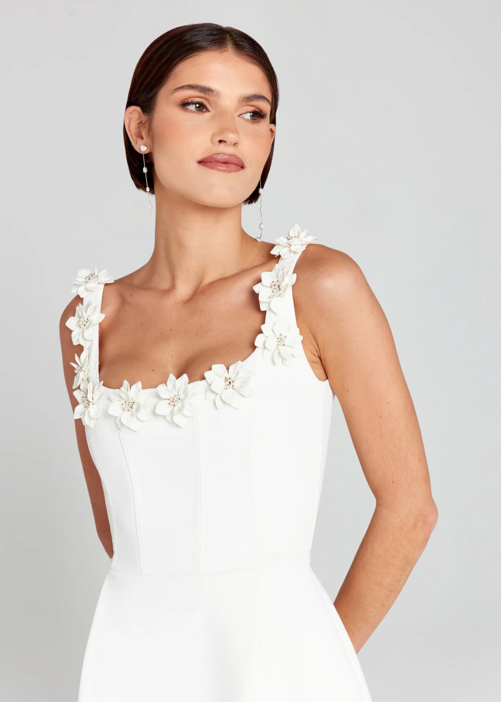 Cazira Mini Dress | Black A-Line Dress with Floral Appliqué Straps