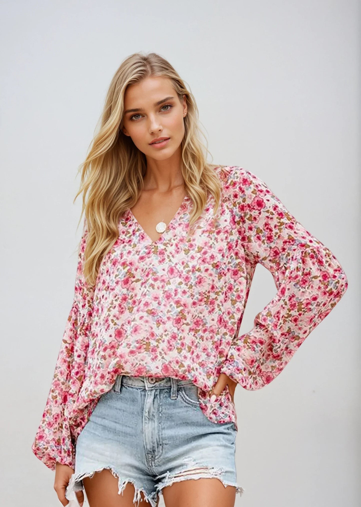 Cyravelle Blouse | Pink Floral V-Neck Long Sleeve Blouse for Women