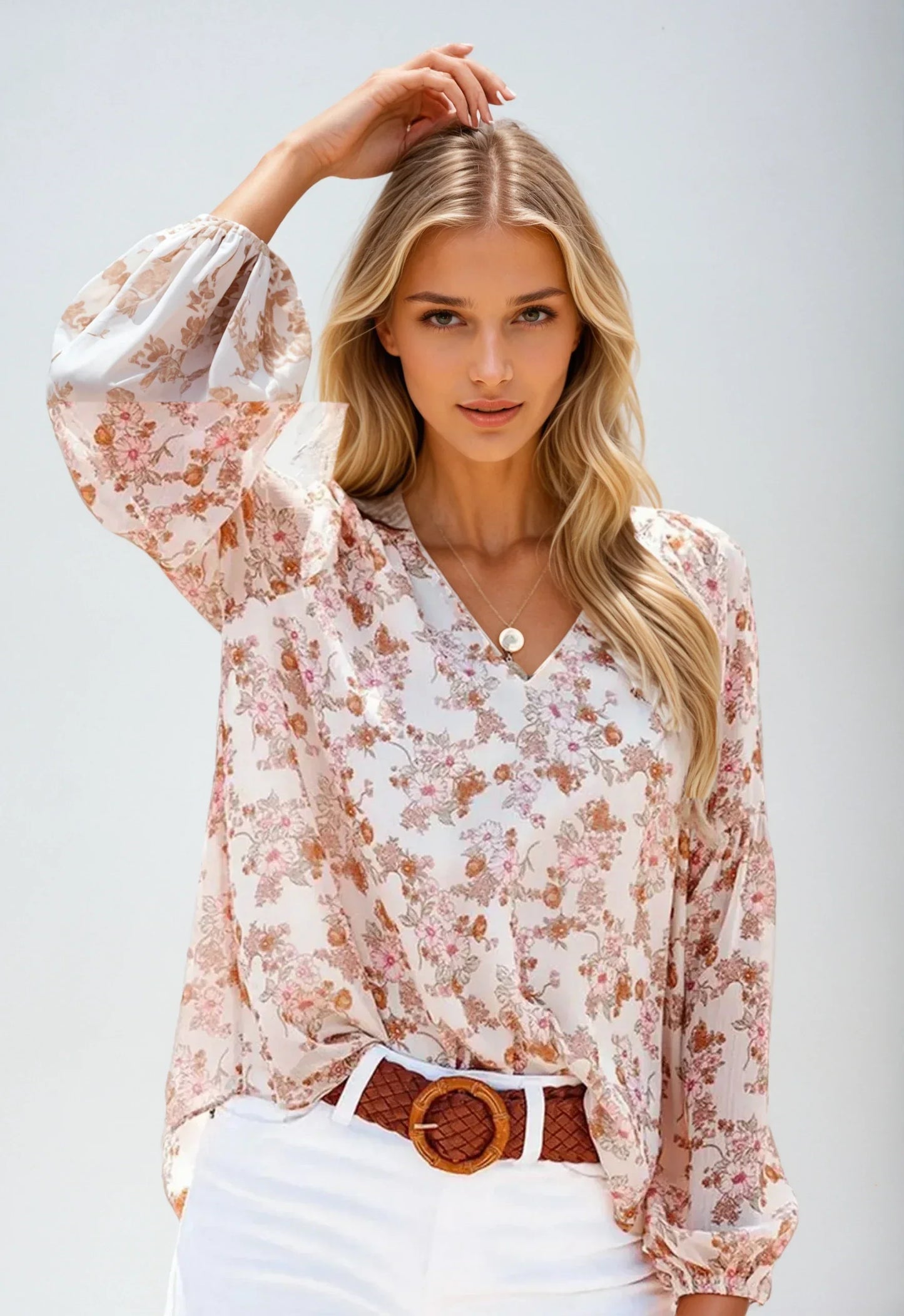 Cyravelle Blouse | Pink Floral V-Neck Long Sleeve Blouse for Women