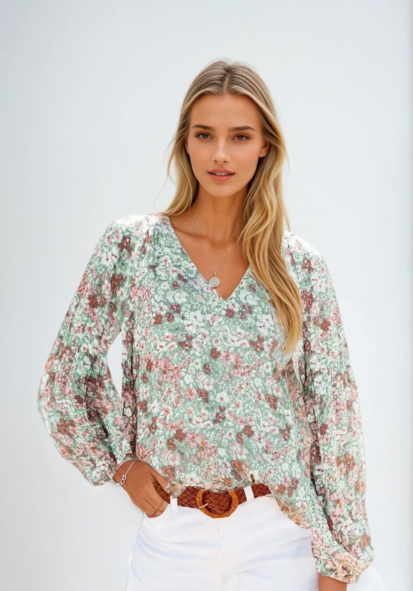 Cyravelle Blouse | Pink Floral V-Neck Long Sleeve Blouse for Women