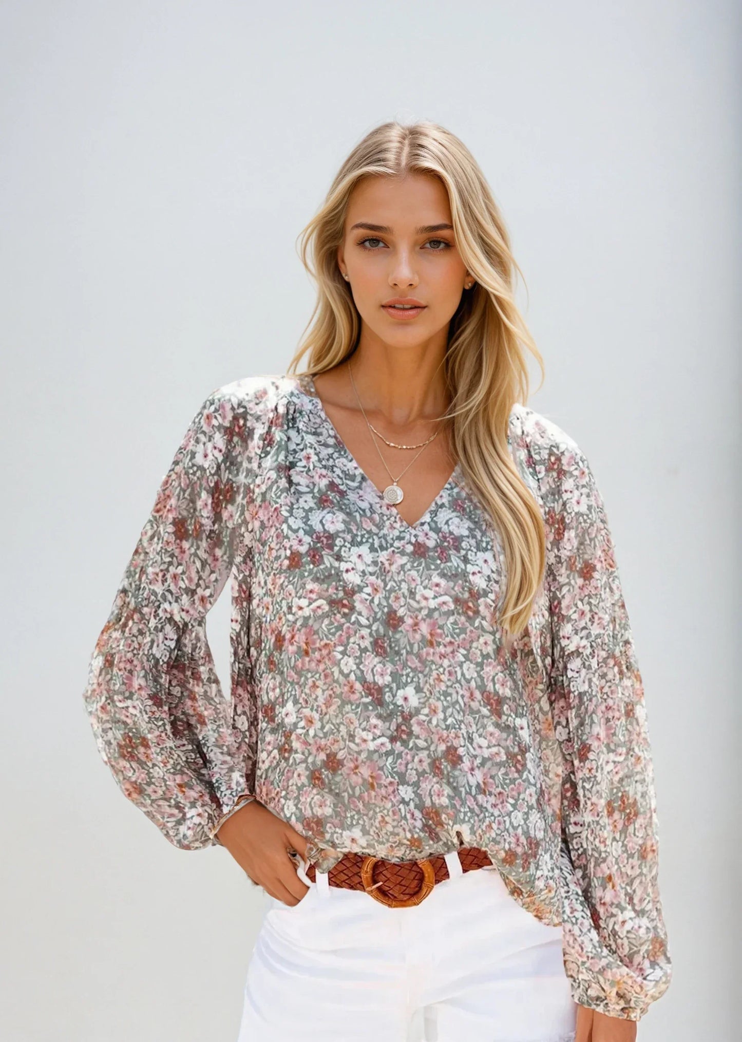 Cyravelle Blouse | Pink Floral V-Neck Long Sleeve Blouse for Women