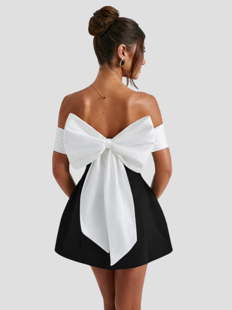 Cariva Mini Dress | Off-Shoulder Black and White A-Line Cocktail Dress