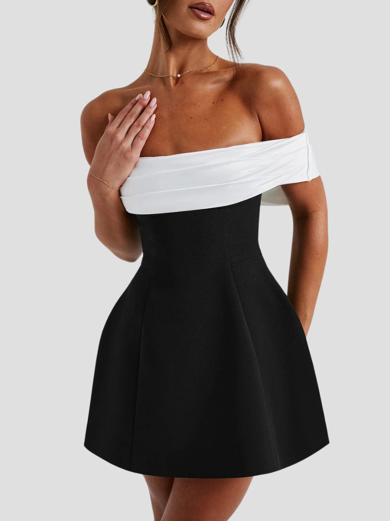 Cariva Mini Dress | Off-Shoulder Black and White A-Line Cocktail Dress