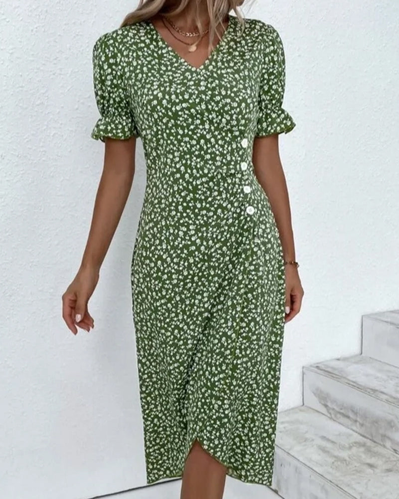 Caislyn Midi Dress | Floral Wrap-Style V-Neck Dress with Puff Sleeves