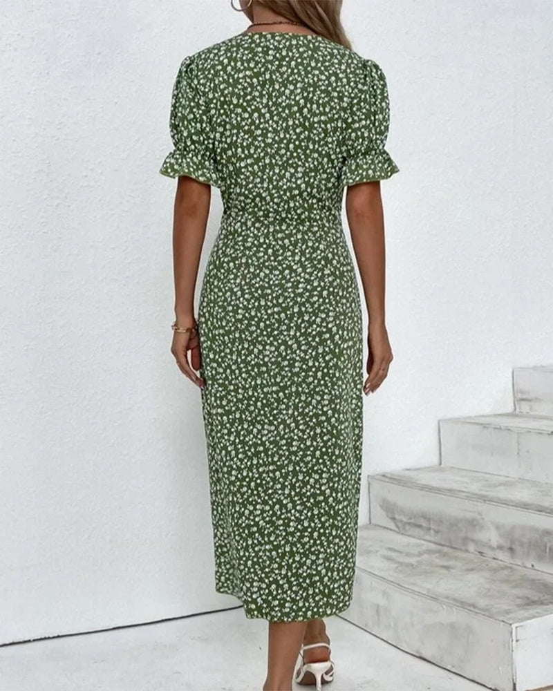 Caislyn Midi Dress | Floral Wrap-Style V-Neck Dress with Puff Sleeves
