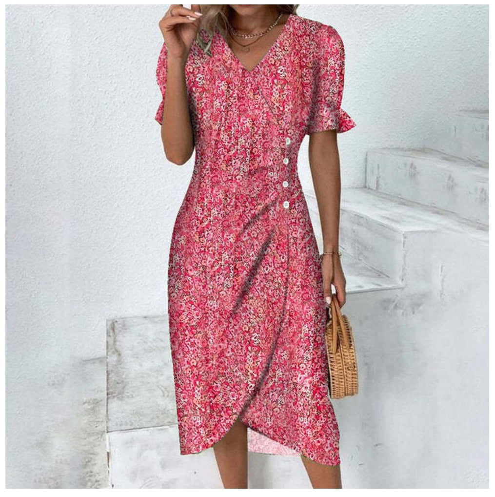 Caislyn Midi Dress | Floral Wrap-Style V-Neck Dress with Puff Sleeves