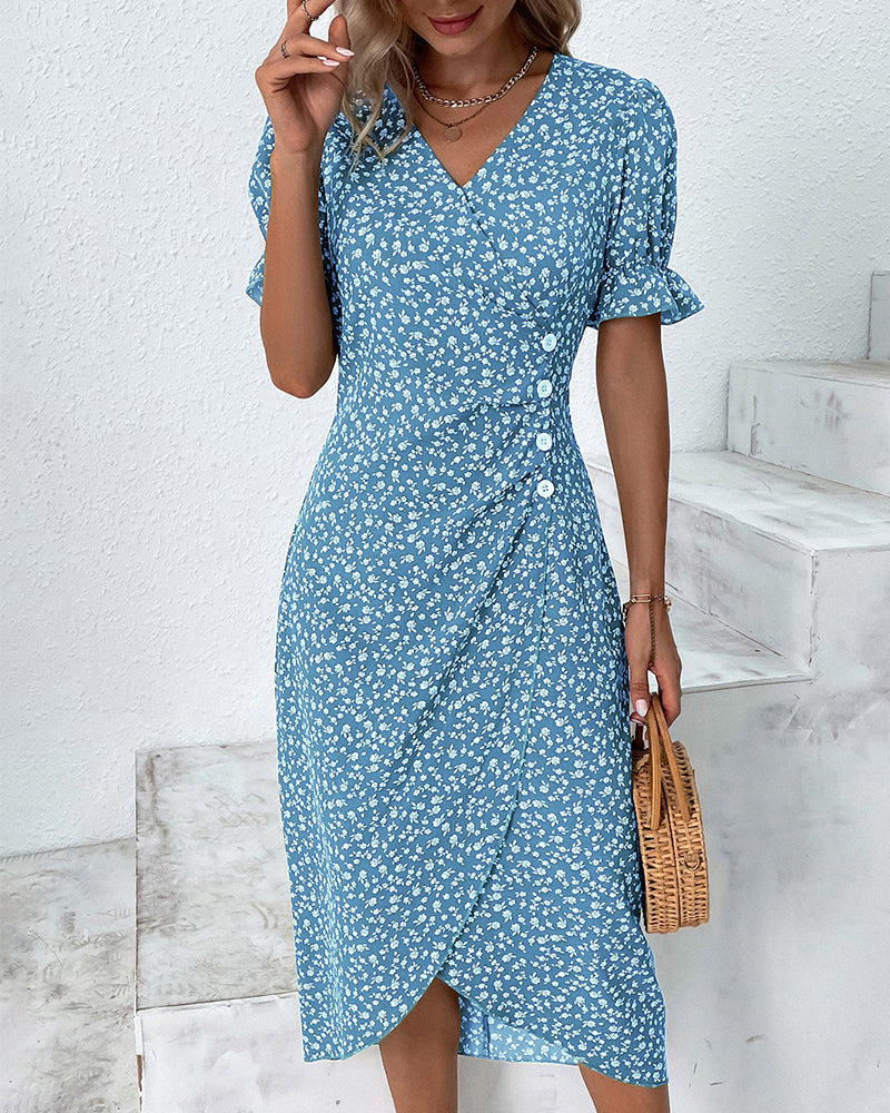Caislyn Midi Dress | Floral Wrap-Style V-Neck Dress with Puff Sleeves