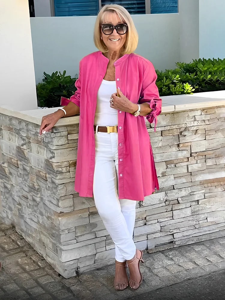 Qistina Long Button-Up Blouse | Women’s Autumn Pleated Back Shirt with Tie Sleeves