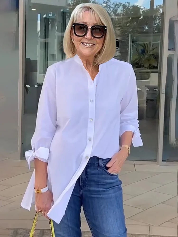 Qistina Long Button-Up Blouse | Women’s Autumn Pleated Back Shirt with Tie Sleeves