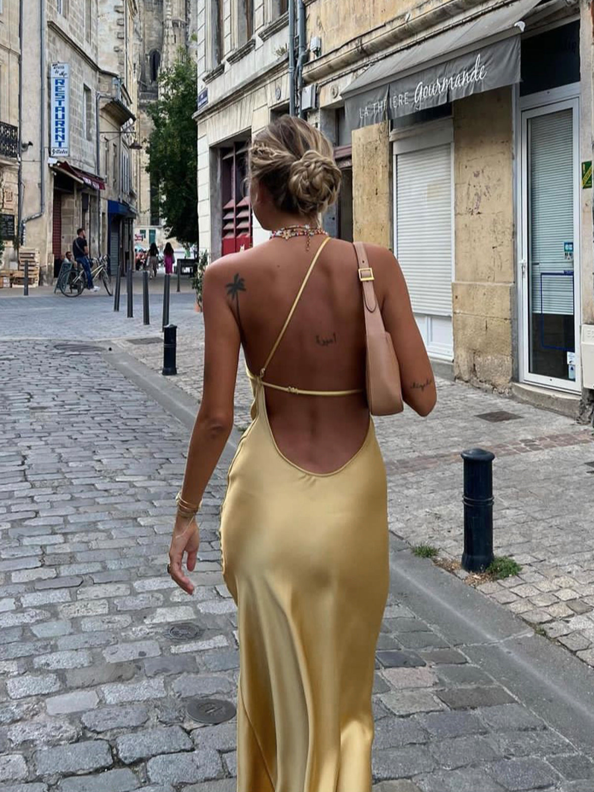 Ceralya Satin Dress | One-Shoulder Satin Slip Dress with Side Slit